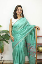 Green Embroidered Kashmiri Sozni Work Pure Silk Saree - Luxurion World