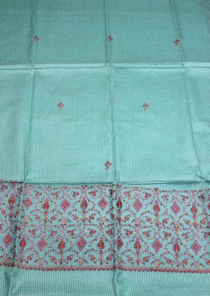 Green Embroidered Kashmiri Sozni Work Pure Silk Saree - Luxurion World
