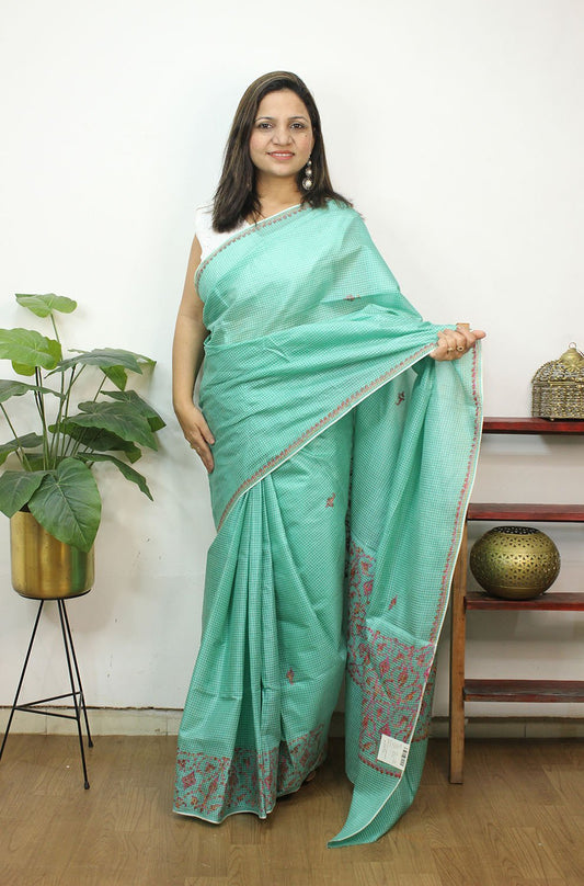 Green Embroidered Kashmiri Sozni Work Pure Silk Saree - Luxurion World