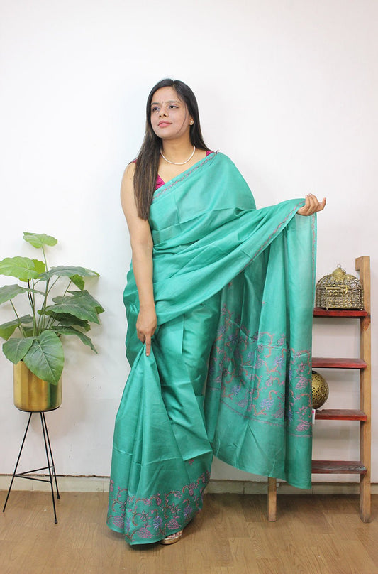 Green Embroidered Kashmiri Sozni Work Pure Silk Saree - Luxurion World