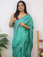 Green Embroidered Kashmiri Sozni Work Pure Silk Saree - Luxurion World