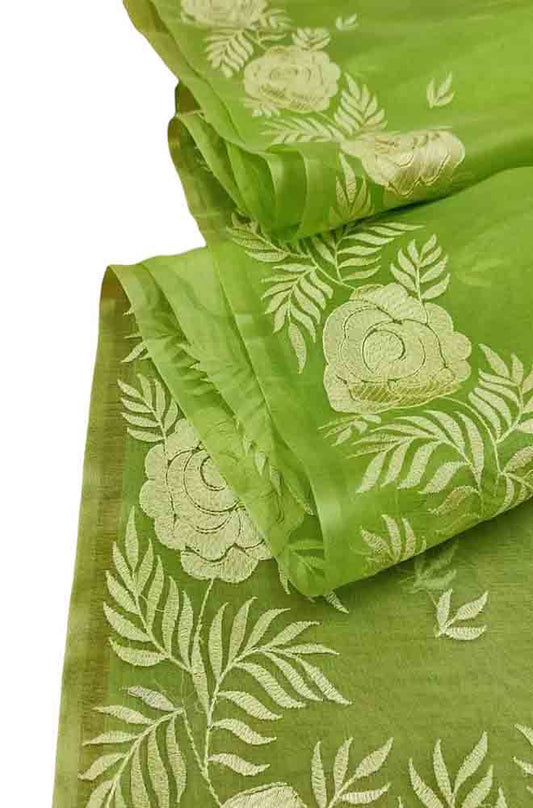 Green Embroidered Kota Organza Silk Floral Design Saree