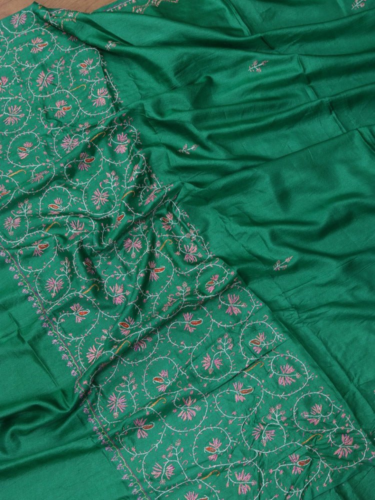 Green Embroidered Sozni Work Kashmiri Pure Silk Saree Luxurionworld
