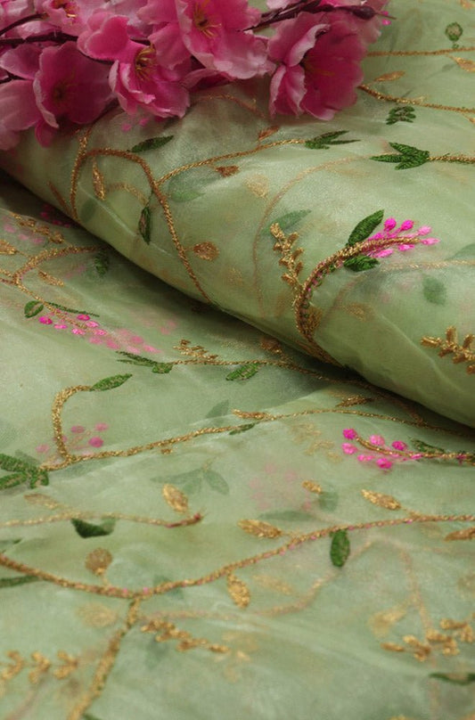 Green Embroidered Trendy Organza Silk Floral Design Fabric ( 1 Mtr ) - Luxurion World