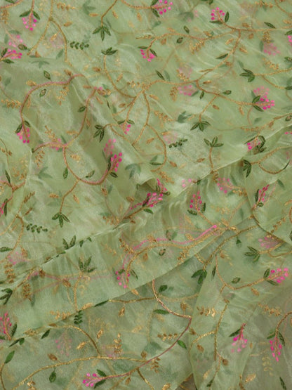 Green Embroidered Trendy Organza Silk Floral Design Fabric ( 1 Mtr )