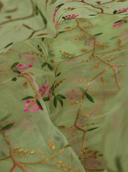 Green Embroidered Trendy Organza Silk Floral Design Fabric ( 1 Mtr )