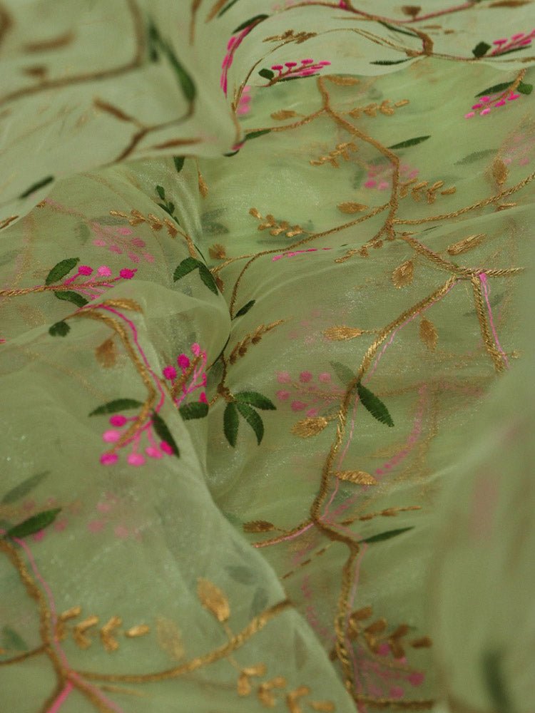 Green Embroidered Trendy Organza Silk Floral Design Fabric ( 1 Mtr ) - Luxurion World