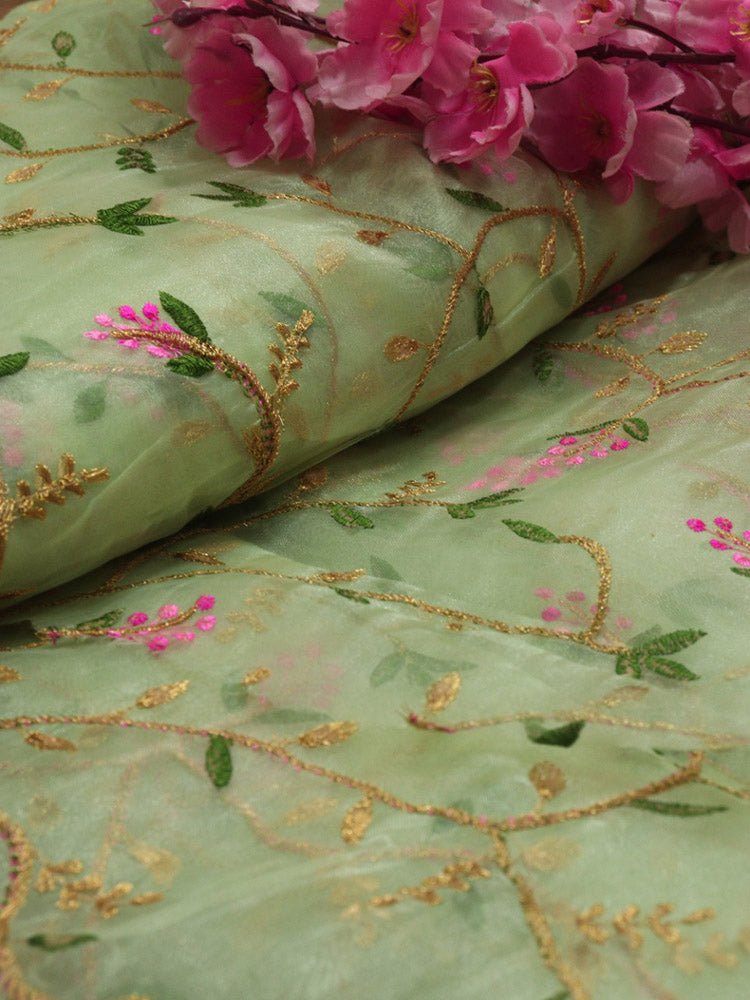 Green Embroidered Trendy Organza Silk Floral Design Fabric ( 1 Mtr ) - Luxurion World