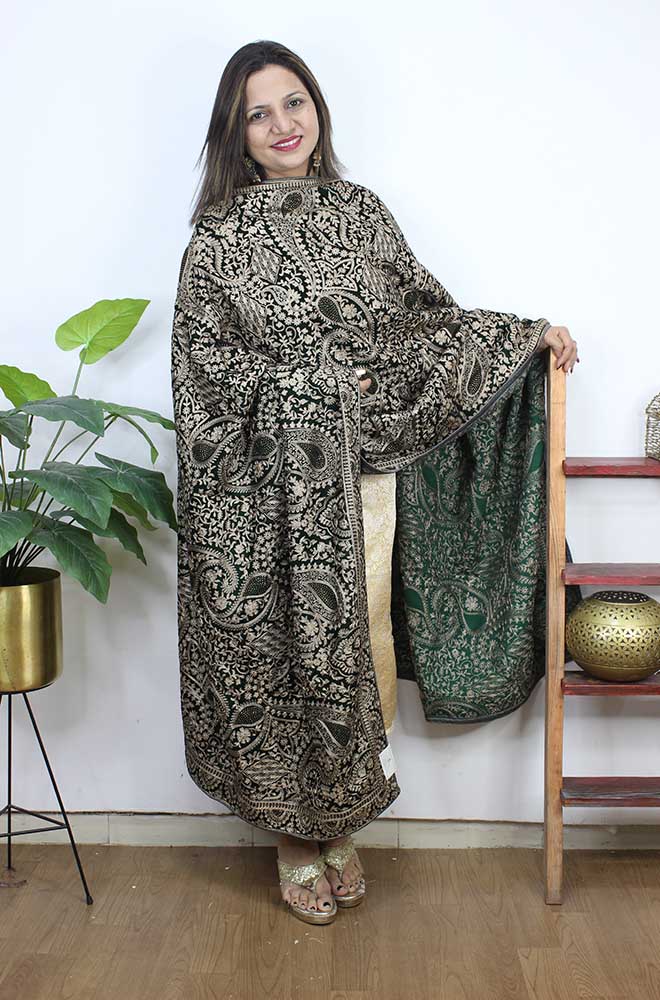 Green Embroidered Trendy Velvet Dupatta