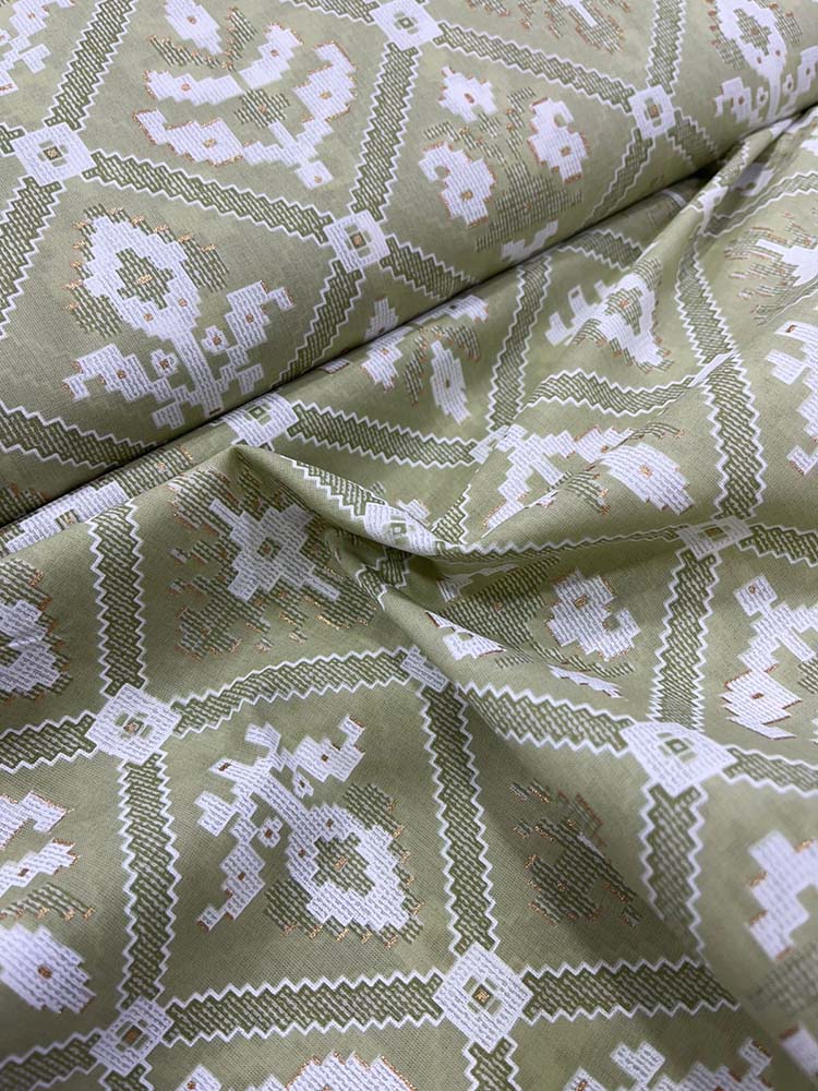 Green Foil Block Printed Cotton Fabric ( 1 Mtr ) Luxurionworld