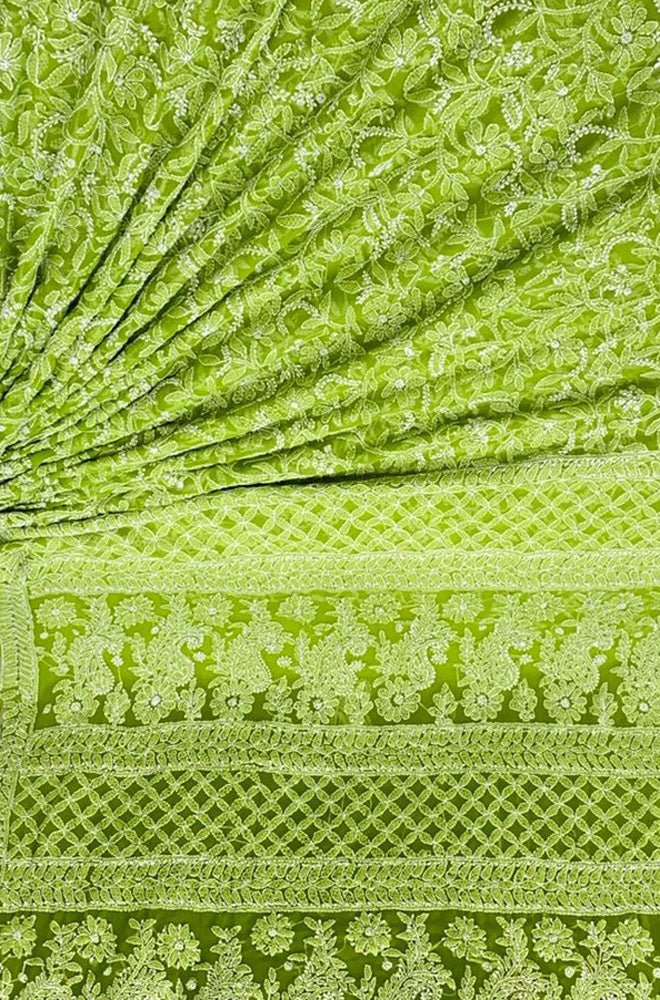Green Hand Embroidered Chikankari Chiffon Georgette Saree