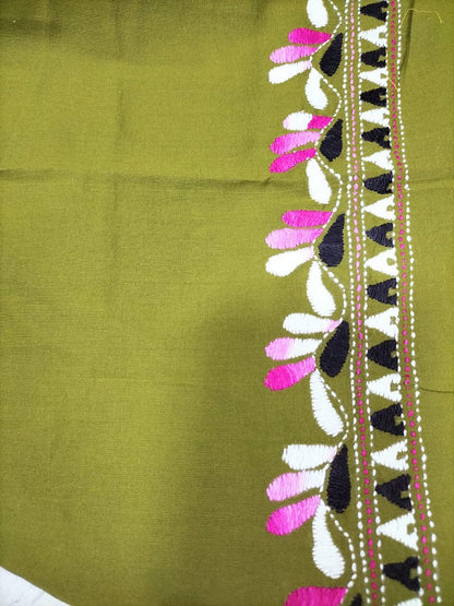 Green Hand Embroidered Kantha Cotton Unstitched Kurti - Luxurion World