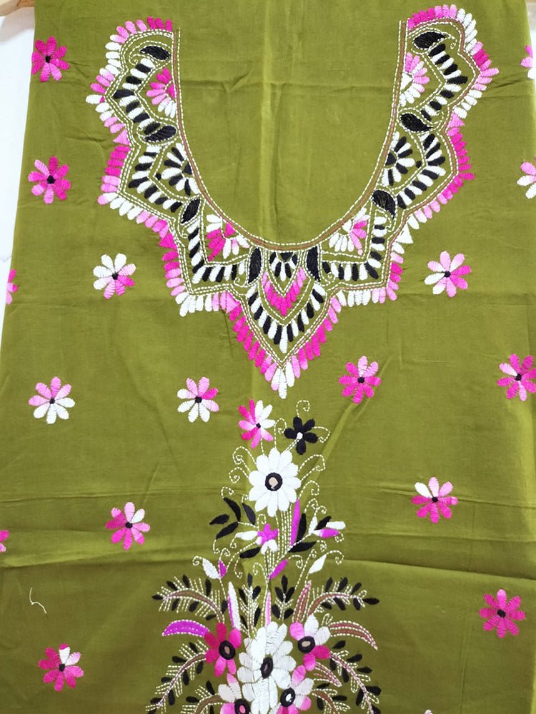 Green Hand Embroidered Kantha Cotton Unstitched Kurti - Luxurion World