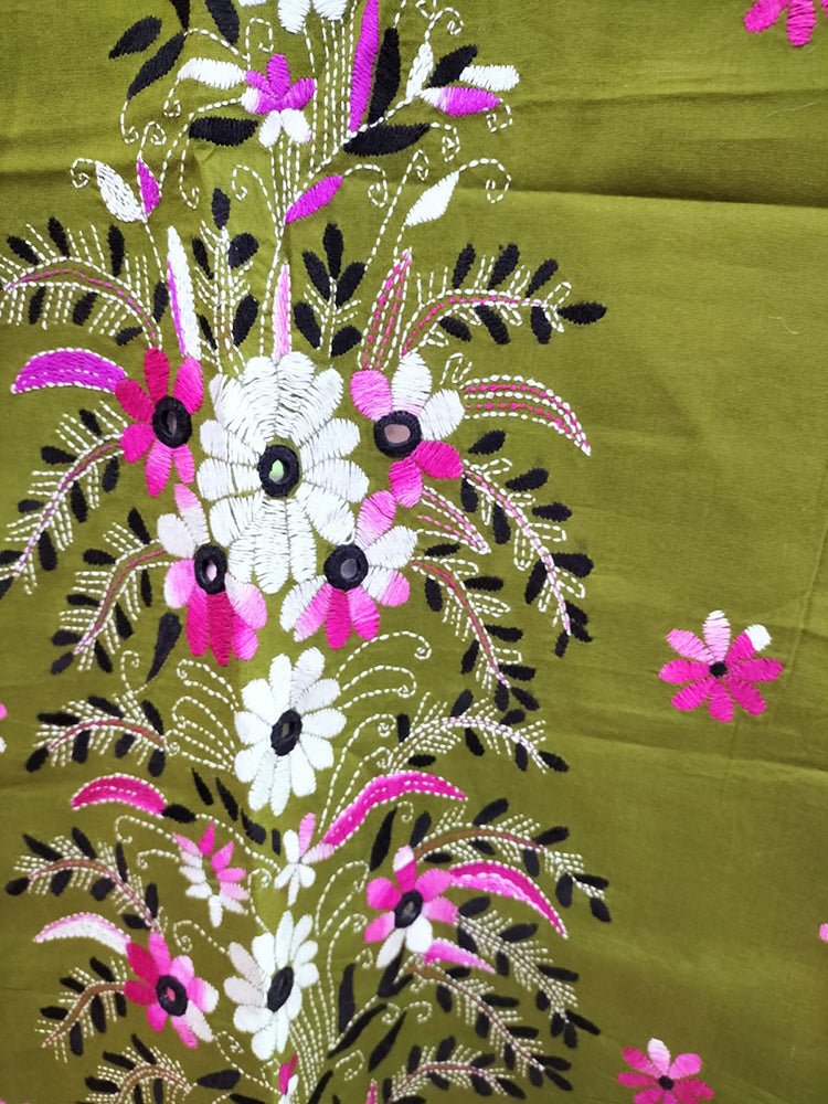 Green Hand Embroidered Kantha Cotton Unstitched Kurti - Luxurion World