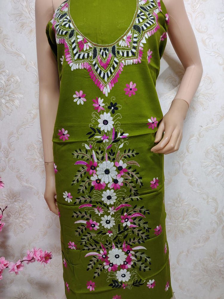 Green Hand Embroidered Kantha Cotton Unstitched Kurti - Luxurion World