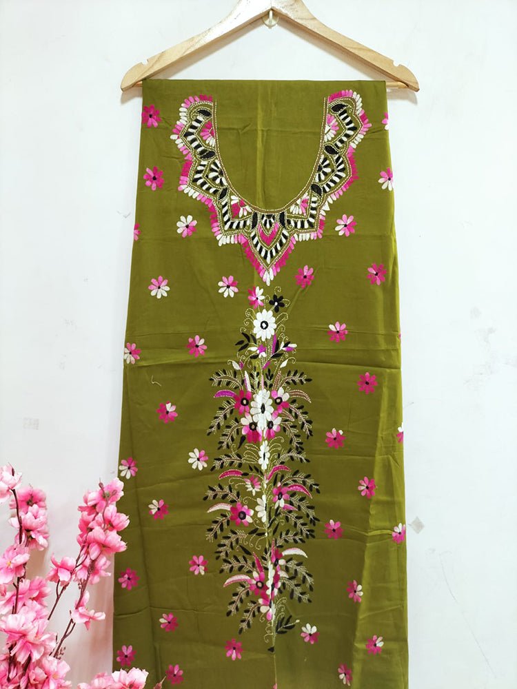 Green Hand Embroidered Kantha Cotton Unstitched Kurti - Luxurion World