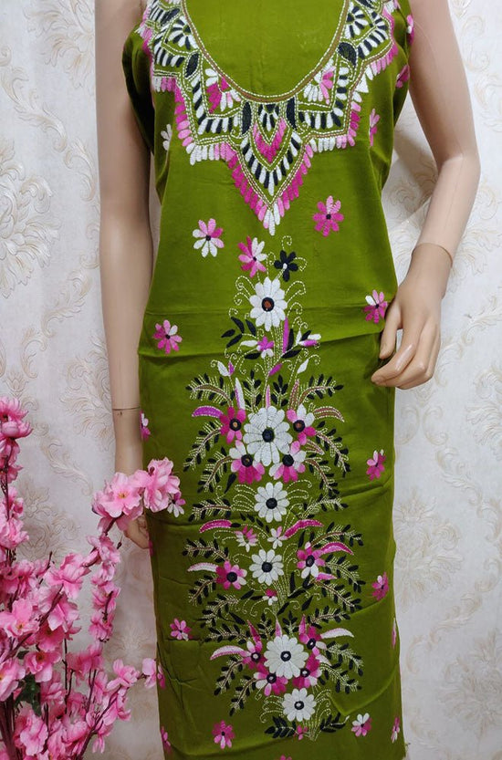 Green - Bengal Kantha Hand Embroidered Cotton Unstitched Kurta Material (2.8M) 46