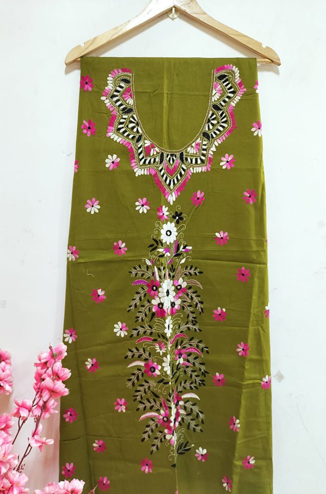 Green Hand Embroidered Kantha Cotton Unstitched Kurti - Luxurion World