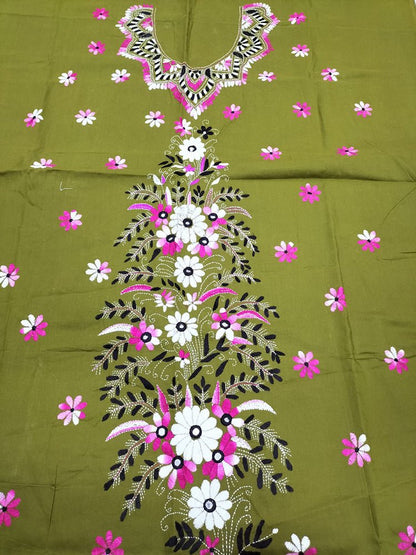 Green Hand Embroidered Kantha Cotton Unstitched Kurti - Luxurion World