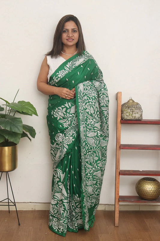 Green Hand Embroidered Kantha Pure Bangalore Silk Saree - Luxurion World