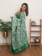 Green Hand Embroidered Kantha Pure Bangalore Silk Saree - Luxurion World