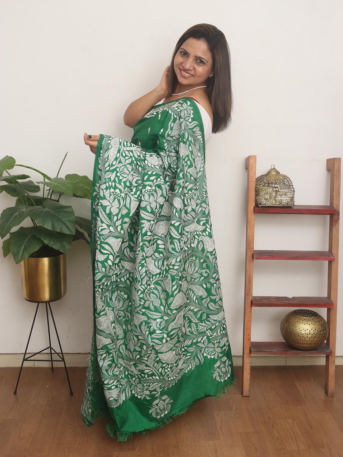 Green Hand Embroidered Kantha Pure Bangalore Silk Saree - Luxurion World