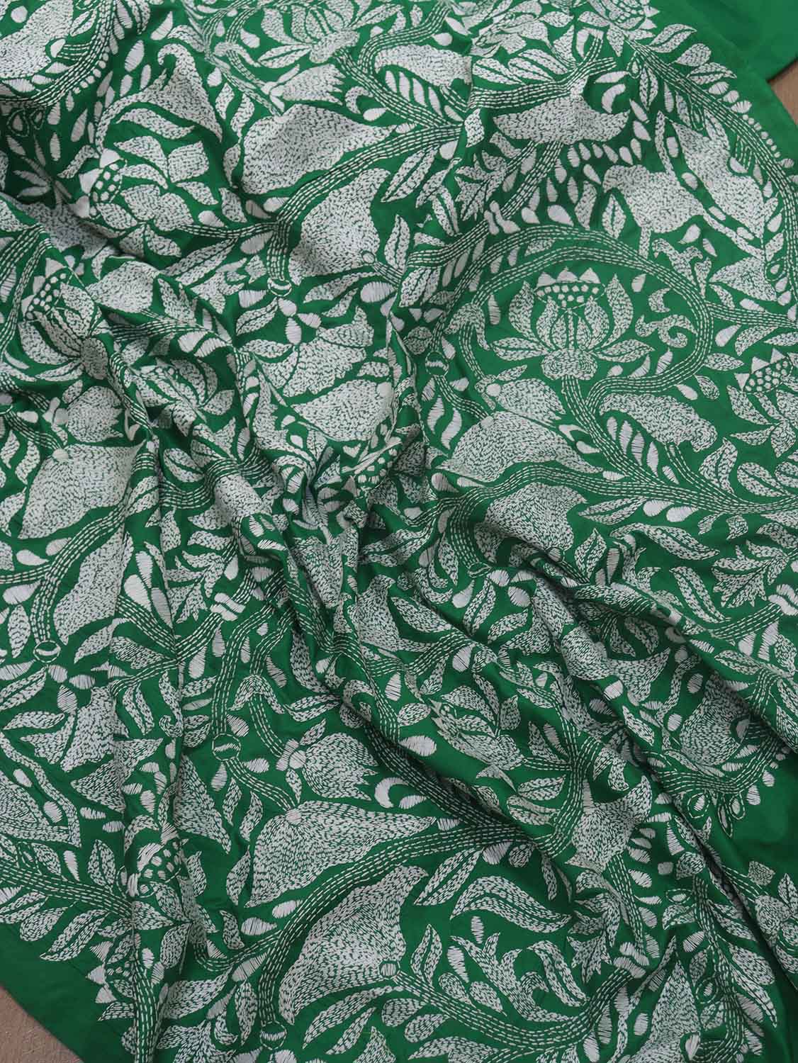 Green Hand Embroidered Kantha Pure Bangalore Silk Saree - Luxurion World