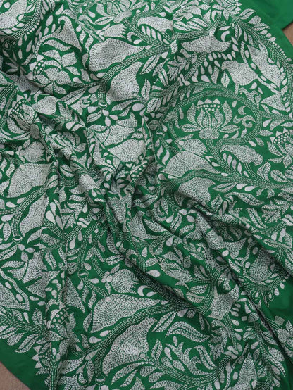 Green Hand Embroidered Kantha Pure Bangalore Silk Saree - Luxurion World