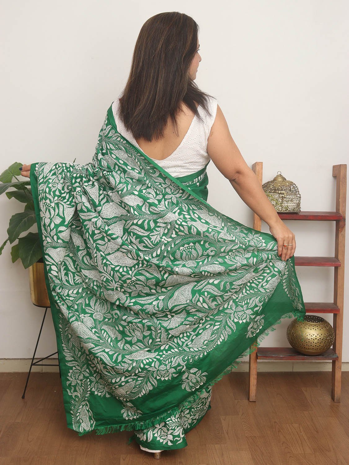 Green Hand Embroidered Kantha Pure Bangalore Silk Saree - Luxurion World