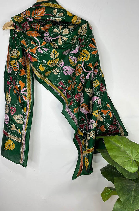 Green Hand Embroidered Kantha Pure Bangalore Silk Stole - Luxurion World