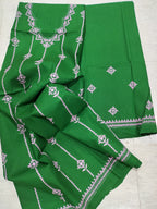 Green Hand Embroidered Kantha Pure Cotton Three Piece Unstitched Suit Set - Luxurion World