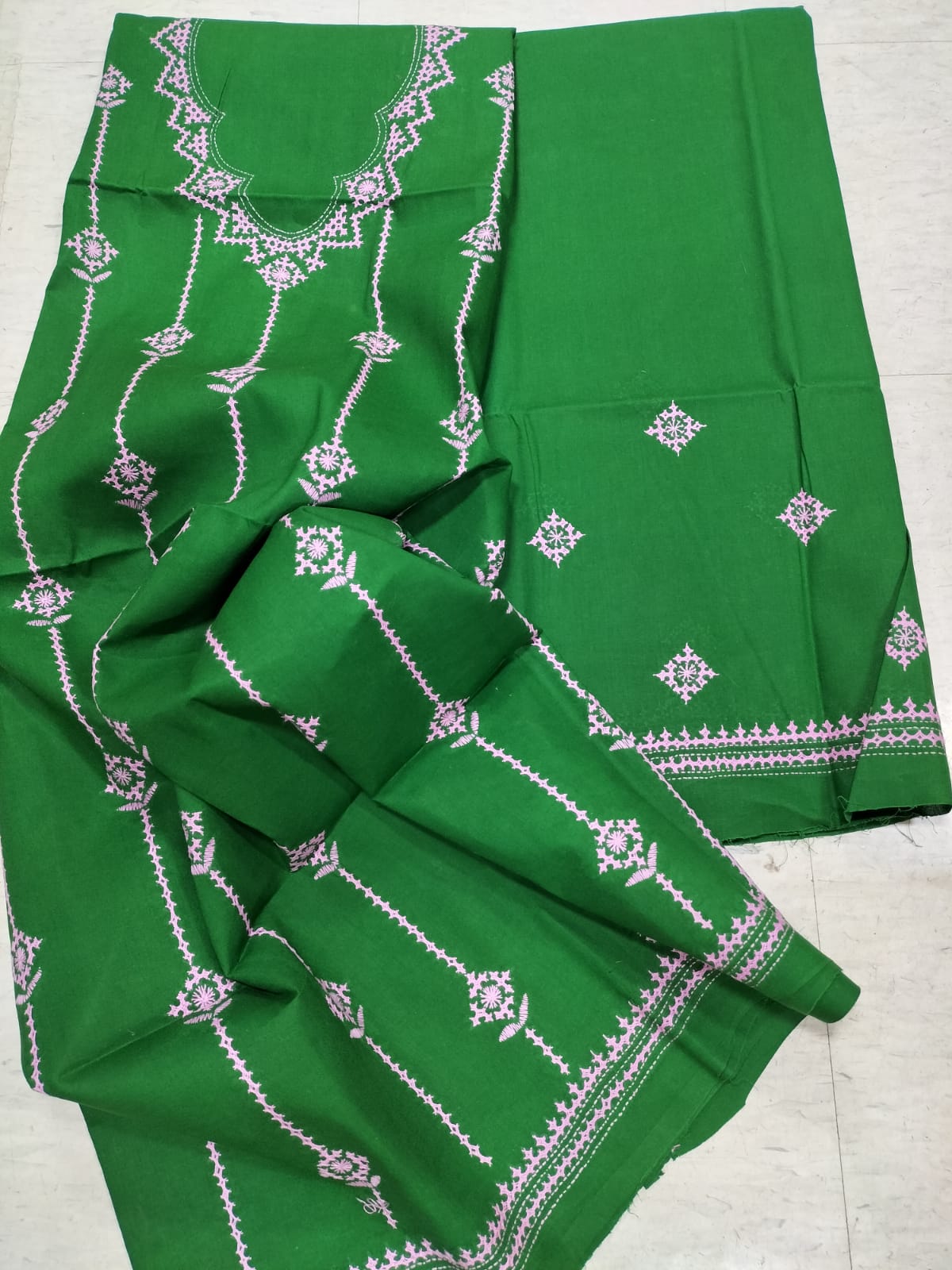 Green Hand Embroidered Kantha Pure Cotton Three Piece Unstitched Suit Set - Luxurion World
