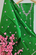 Green Hand Embroidered Kantha Pure Cotton Three Piece Unstitched Suit Set - Luxurion World