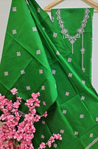 Green Hand Embroidered Kantha Pure Cotton Three Piece Unstitched Suit Set - Luxurion World