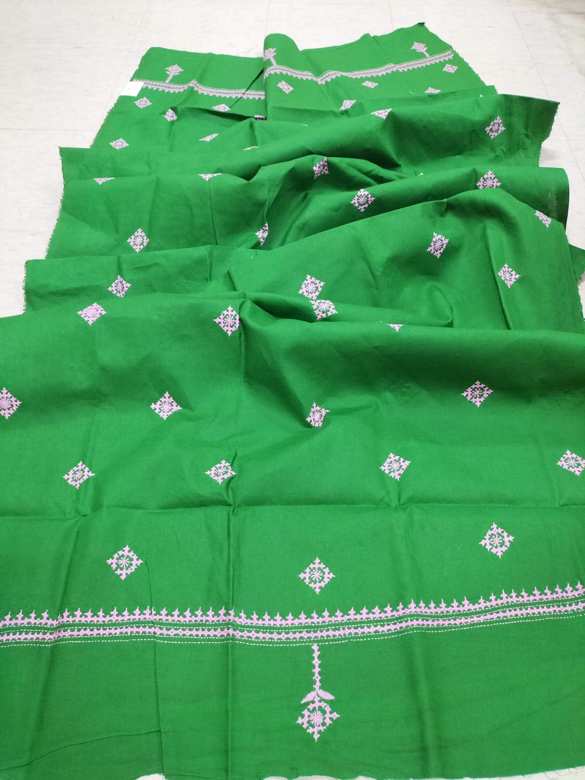 Green Hand Embroidered Kantha Pure Cotton Three Piece Unstitched Suit Set