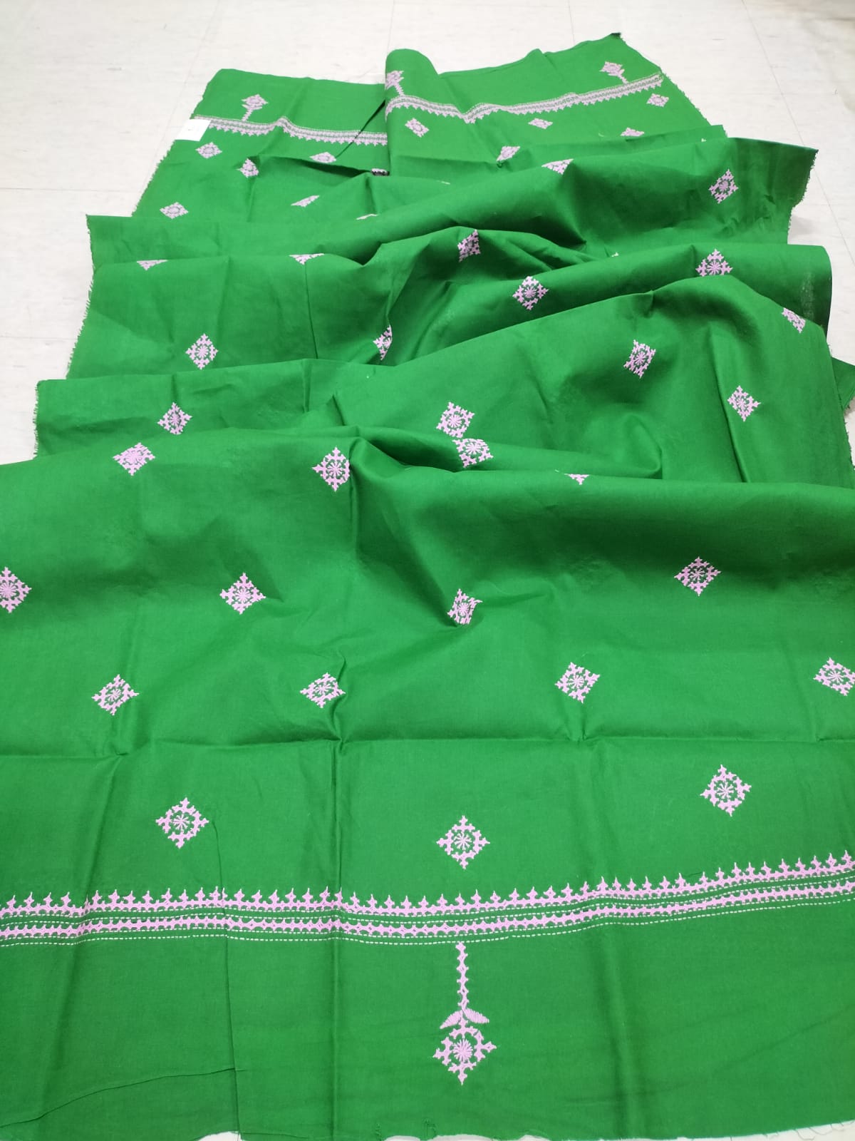 Green Hand Embroidered Kantha Pure Cotton Three Piece Unstitched Suit Set - Luxurion World