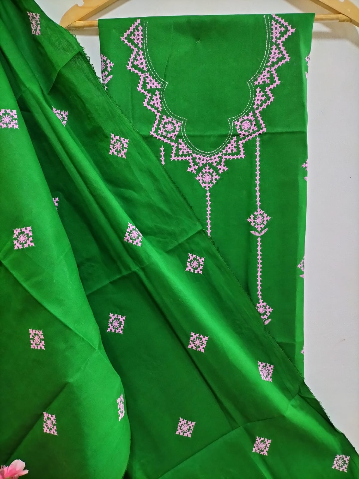 Green Hand Embroidered Kantha Pure Cotton Three Piece Unstitched Suit Set - Luxurion World