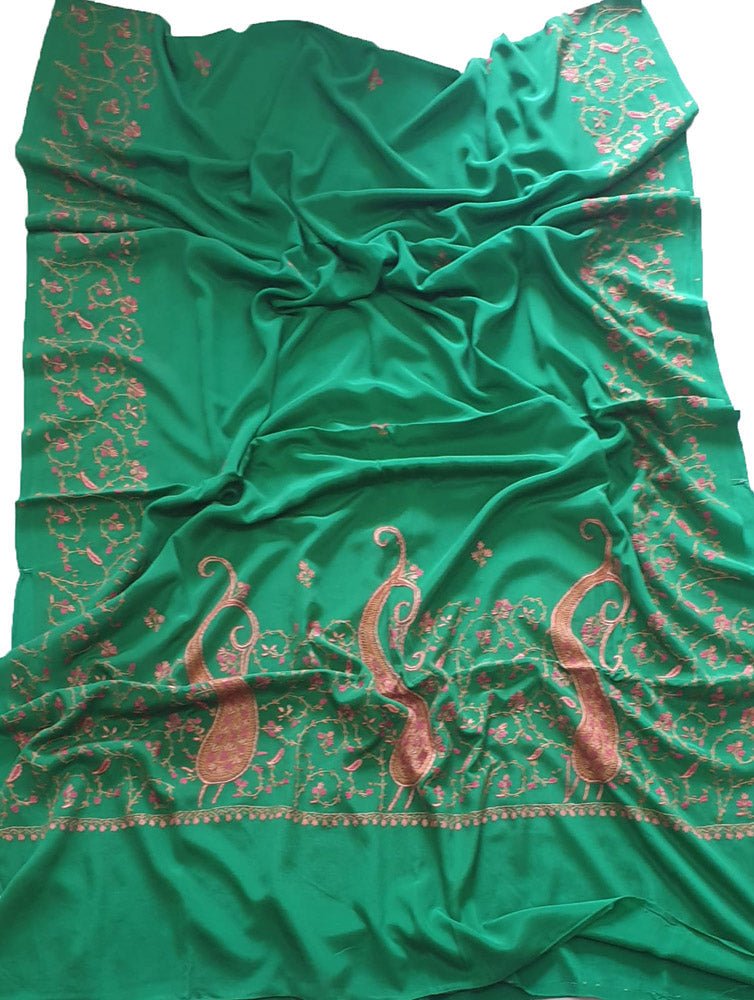 Green Hand Embroidered Kashmiri Sozni Work Crepe Saree Luxurionworld