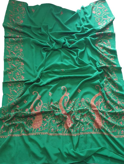 Green Hand Embroidered Kashmiri Sozni Work Crepe Saree - Luxurion World
