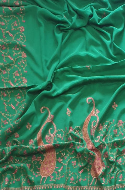 Green Hand Embroidered Kashmiri Sozni Work Crepe Saree Luxurionworld
