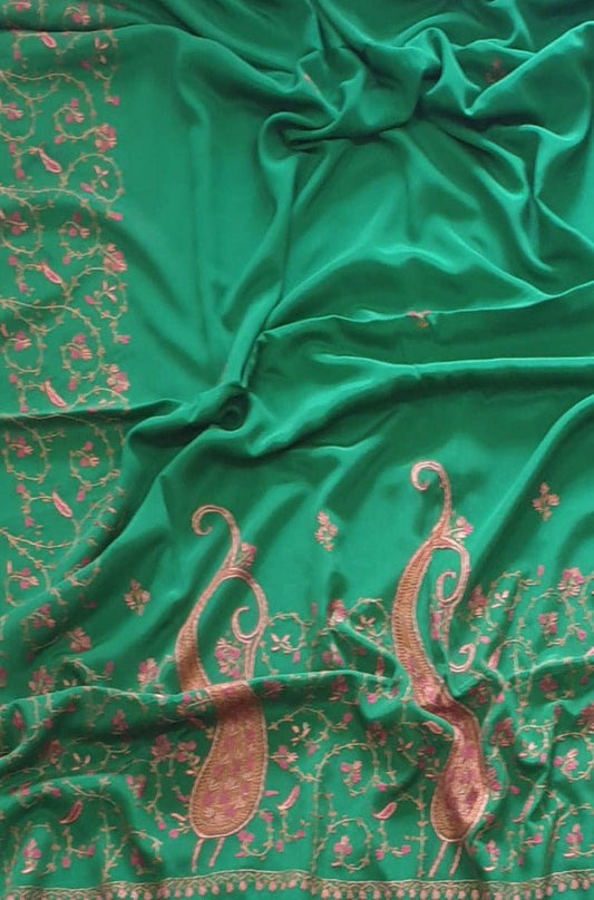 Green Hand Embroidered Kashmiri Sozni Work Crepe Saree - Luxurion World