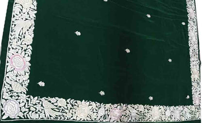 Green Hand Embroidered Parsi Gara Crepe Floral And Bird Design Saree