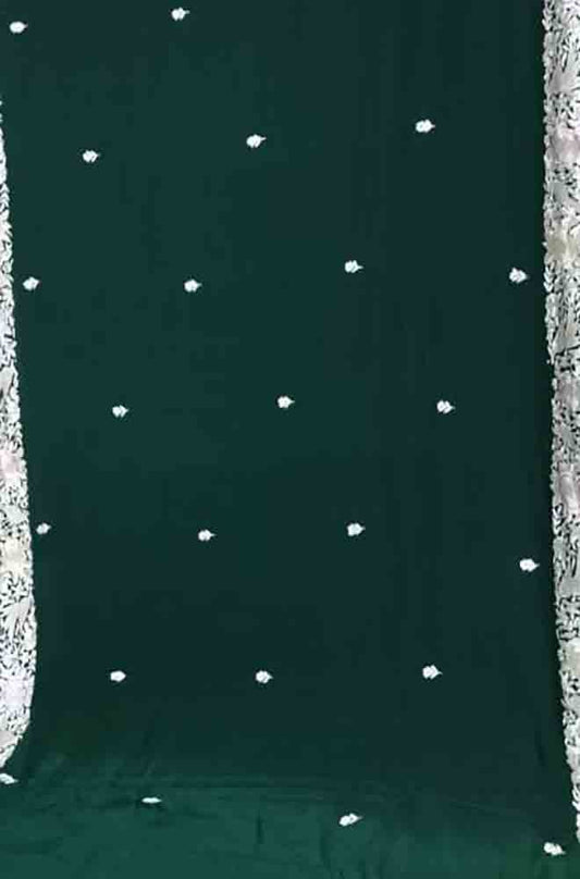 Green Hand Embroidered Parsi Gara Crepe Floral And Bird Design Saree - Luxurion World