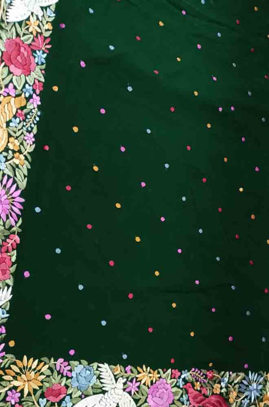 Green Hand Embroidered Parsi Gara Crepe Floral And Bird Design Saree - Luxurion World