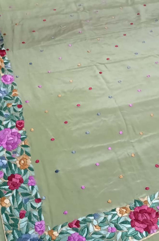 Green Hand Embroidered Parsi Gara Crepe Floral Design Saree - Luxurion World