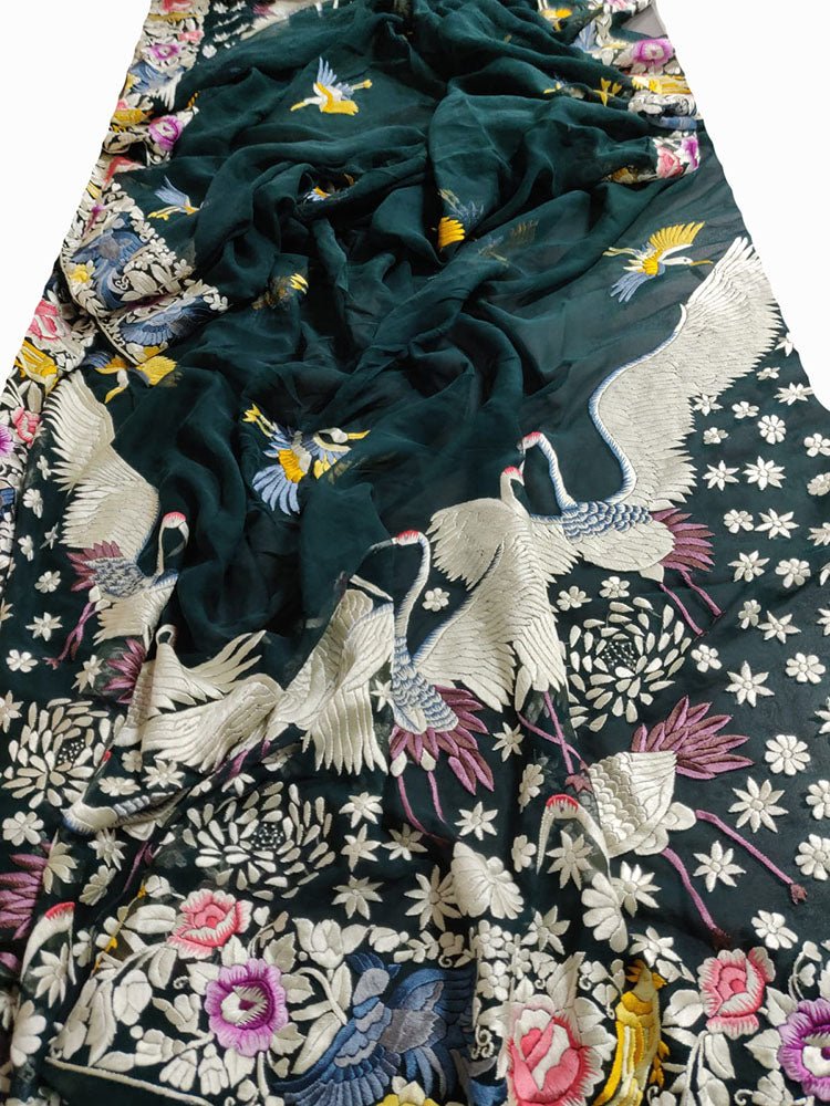 Green Hand Embroidered Parsi Gara Pure Georgette Dupatta - Luxurion World