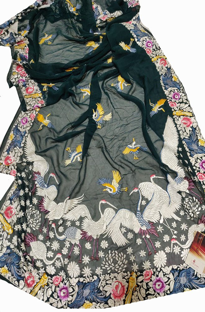 Green Hand Embroidered Parsi Gara Pure Georgette Dupatta - Luxurion World