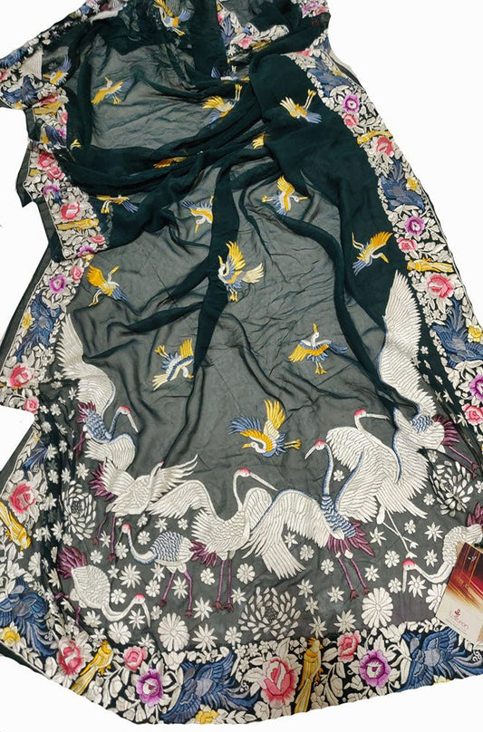 Green Hand Embroidered Parsi Gara Pure Georgette Dupatta - Luxurion World