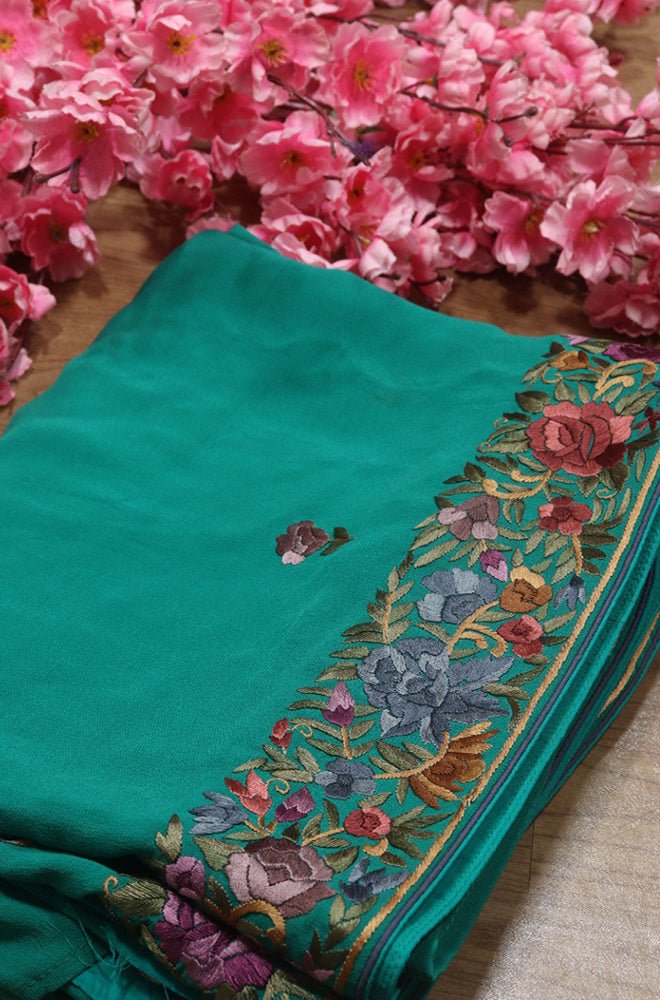 Green Hand Embroidered Parsi Gara Pure Georgette Floral Design Saree - Luxurion World
