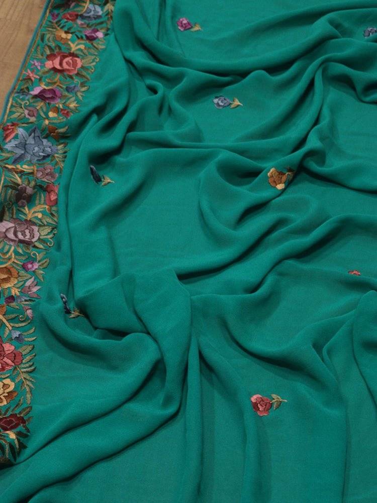 Green Hand Embroidered Parsi Gara Pure Georgette Floral Design Saree - Luxurion World